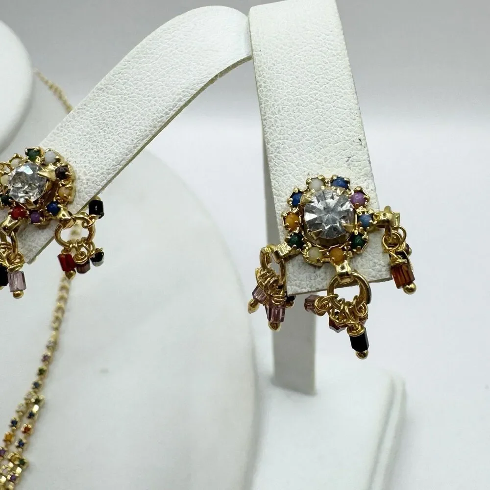 Colorful Bead And Rhinestone Gold Plated Bollywood Indian Necklace And Earrings